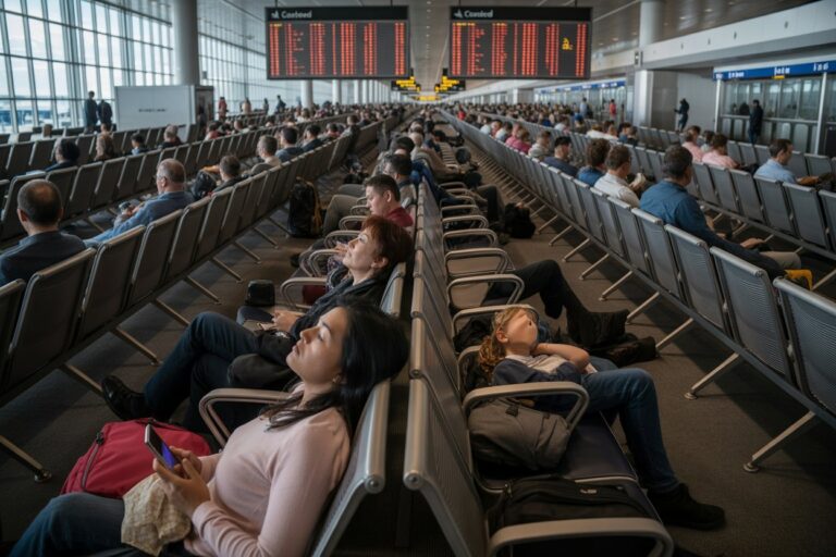 Crowded airport departure lounge with rows of gray seats and passengers waiting under large digital boards period.