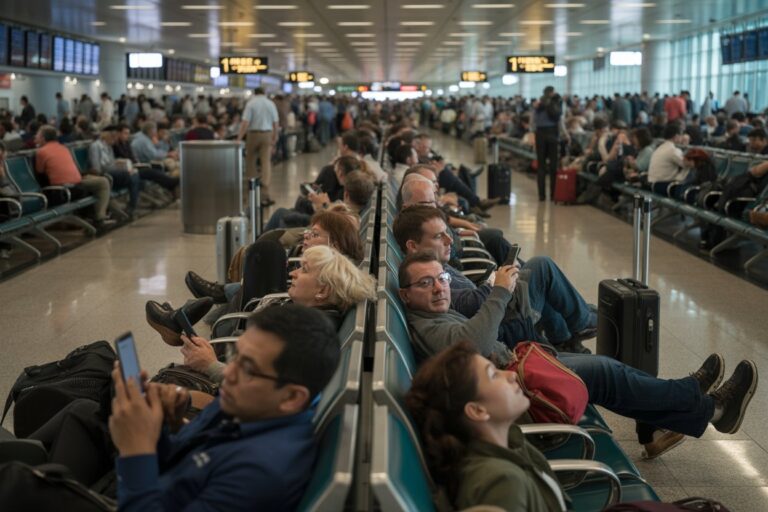 Crowded airport terminal with travelers seated in turquoise chairs, many using smartphones or luggage nearby.