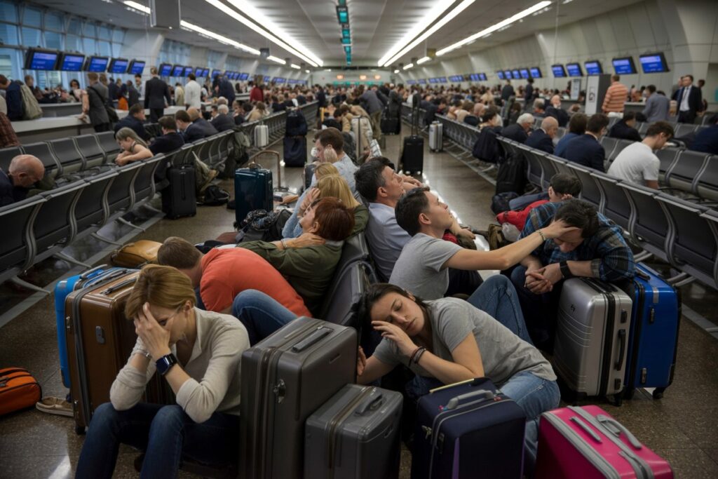 Crowded airport departure hall with travelers sitting on the floor and luggage scattered around, some resting and others appearing stressed.