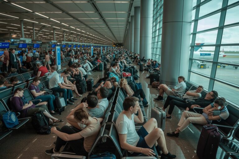 Crowded airport departure hall with travelers seated and luggage near large windows looking out at planes.