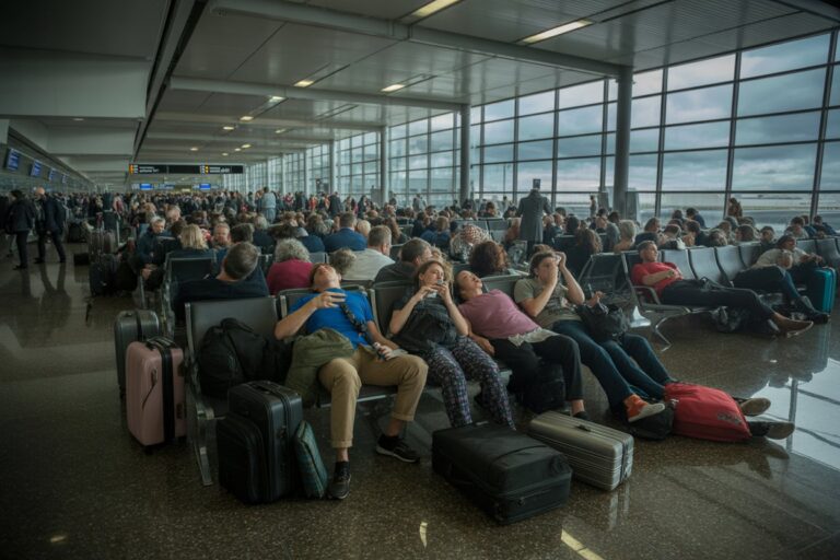 Crowded airport terminal with travelers seated and suitcases at their feet