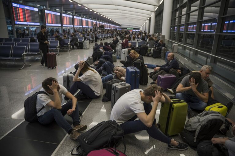 Crowded airport terminal with travelers sitting on the floor among many suitcases, waiting or resting beside flight information boards.