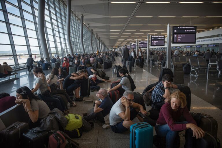 Busy airport terminal with travelers seated on the floor and chairs among luggage, large windows on the left:**