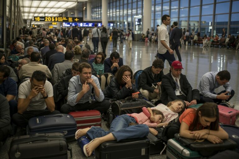Large group of travelers seated on the floor with luggage in an airport terminal, some resting, others using phones or talking amid row of gates.