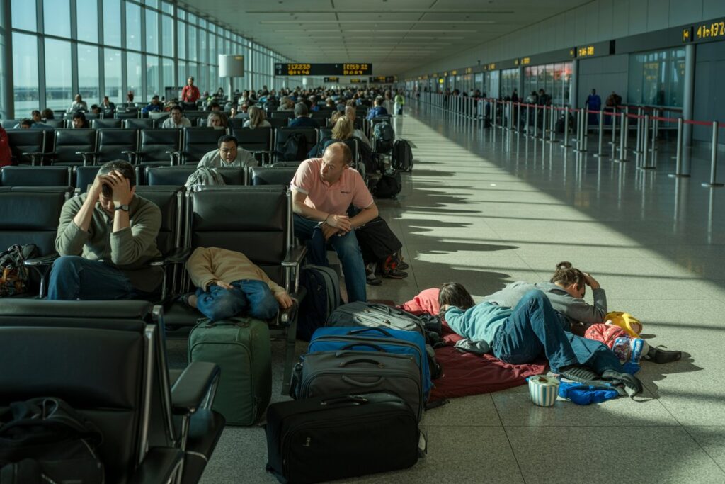 Passengers wait in a sunny airport terminal; several travelers sleep on blankets on the floor surrounded by luggage and backpacks.