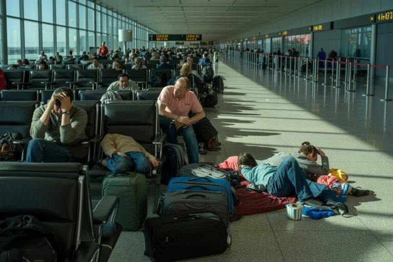 Passengers wait in a sunny airport terminal; several travelers sleep on blankets on the floor surrounded by luggage and backpacks.