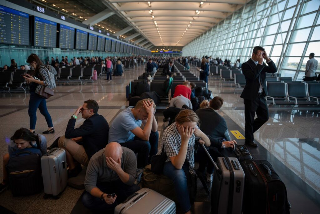 Crowded airport terminal with travelers seated and waiting, many with suitcases; some look stressed as they check devices or cover faces, flight boards in the background.