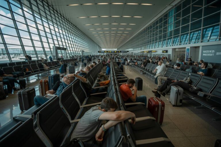 Busy airport terminal with passengers seated in long rows of chairs and many suitcases nearby.
