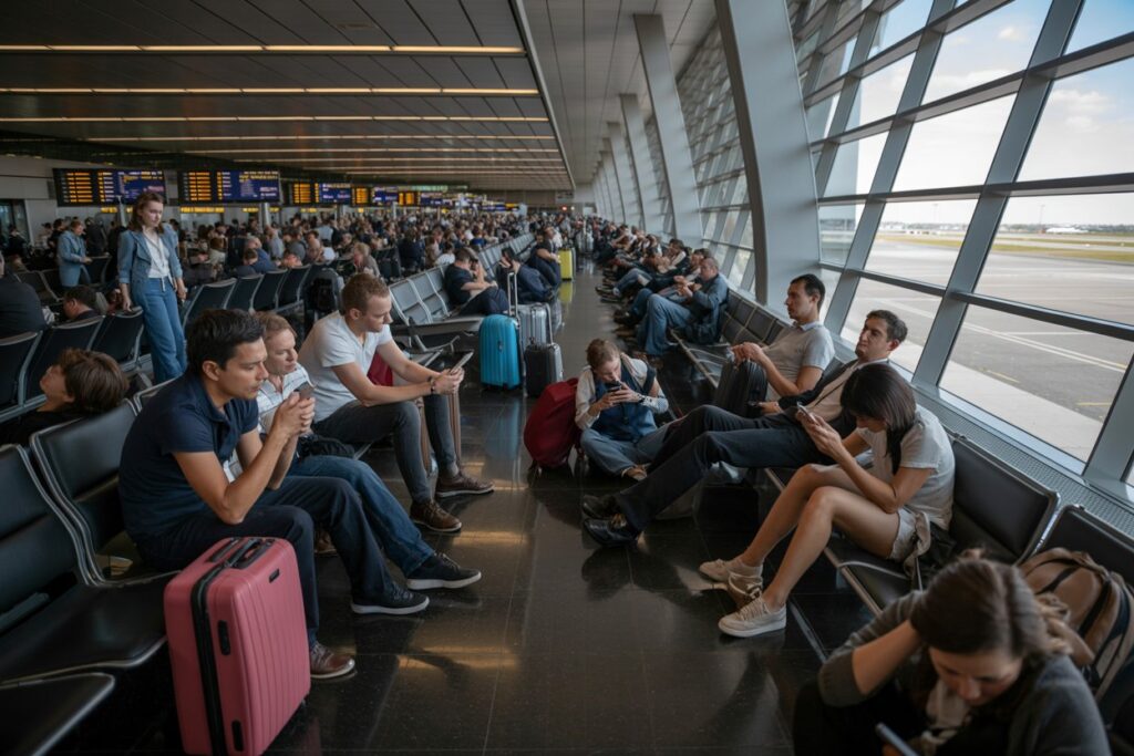Busy airport terminal with travelers seated in rows, many looking at smartphones and pulling luggage nearby, large windowed wall to the tarmac on the right.