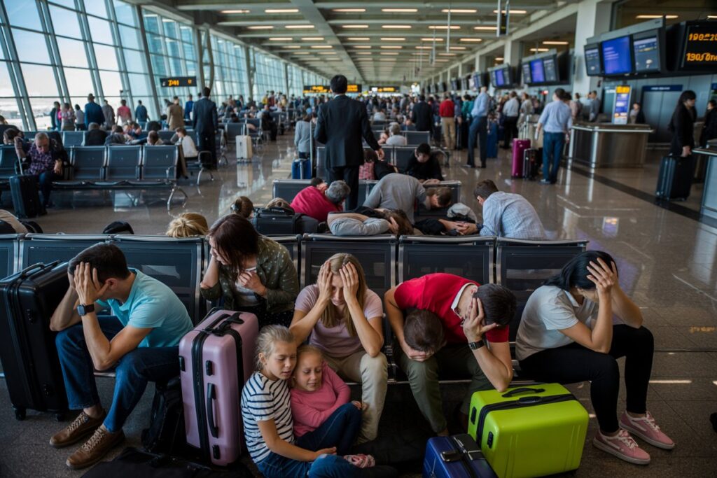 People in an airport terminal sit with heads in hands, surrounded by luggage and tired children. Crowded gate area.