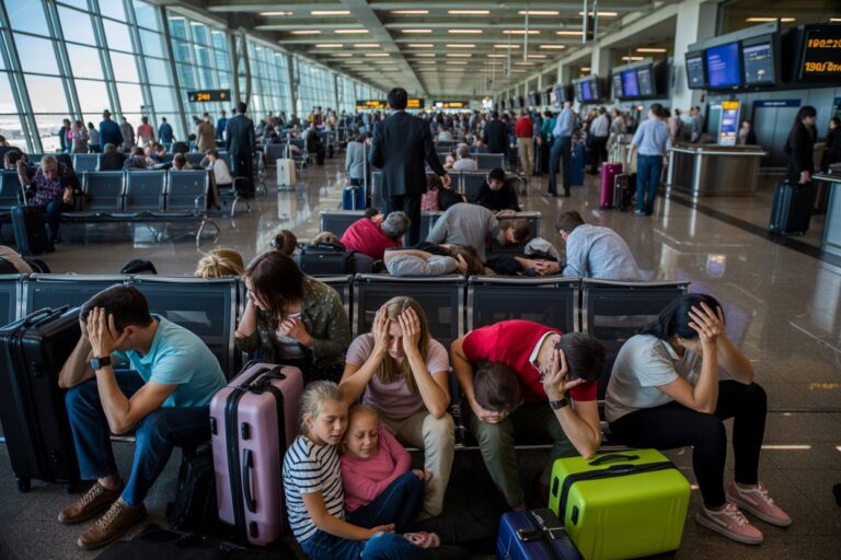People in an airport terminal sit with heads in hands, surrounded by luggage and tired children. Crowded gate area.
