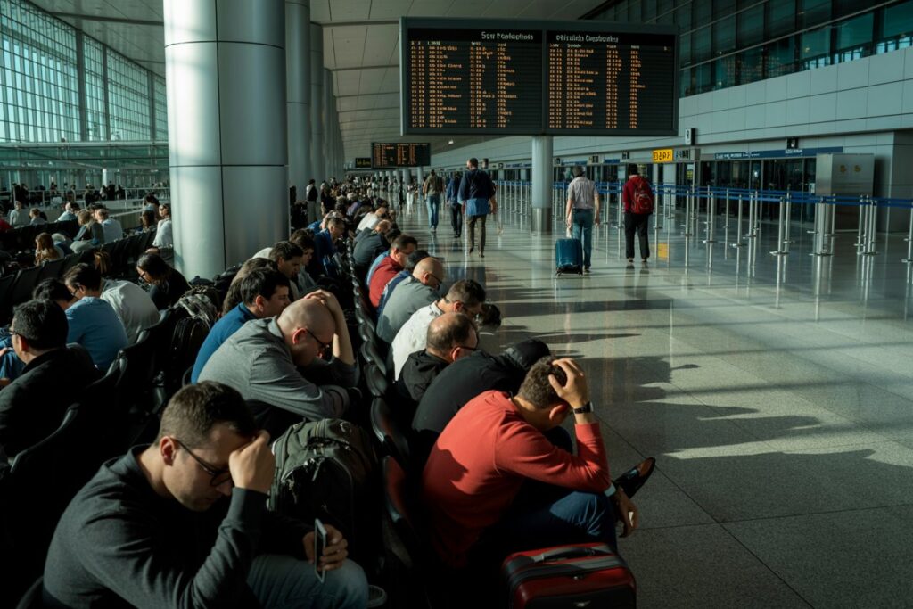 Crowded airport departure hall with travelers seated in rows of chairs and a large digital flight board overhead.