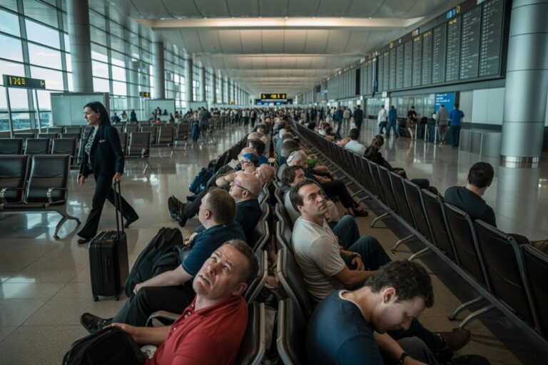 Crowded airport terminal with a long row of seats; travelers wait as a woman in a suit pushes a suitcase cart past.