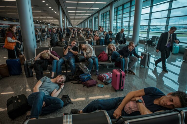 Crowded airport terminal with passengers resting on chairs and on the floor beside scattered luggage.