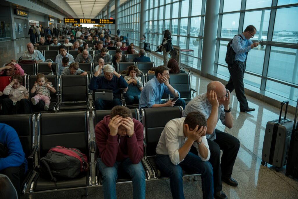Crowded airport waiting area with stressed travelers, many head in hands, luggage nearby, large windows to the tarmac ahead