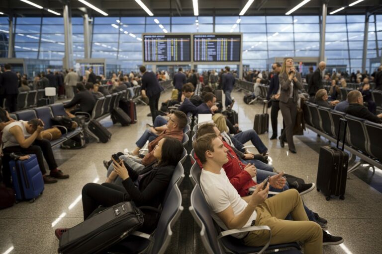 Busy airport departure hall with rows of seating, travelers waiting with suitcases and phones, large flight boards in the background.