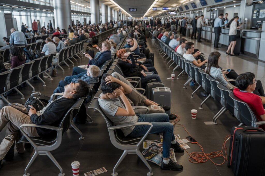 Crowded airport boarding area with people seated in rows, some resting or using devices, luggage and coffee cups scattered on the floor and seats nearby.