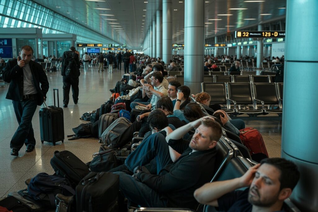 Crowded airport terminal with many travelers sitting in rowed seats and bags scattered on the floor along the walkway.