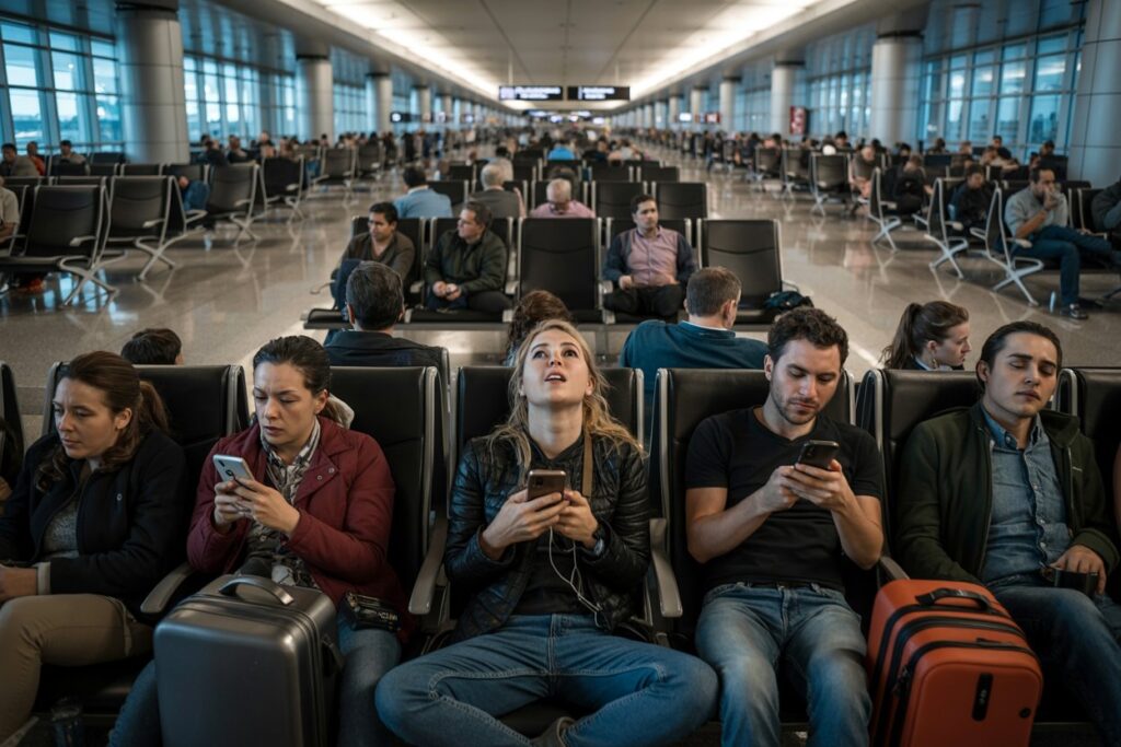 Passengers seated in an airport terminal gate area, many using smartphones.