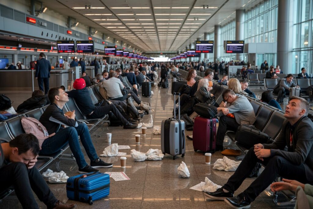 Crowded airport departure hall with travelers seated, rolling suitcases, and scattered trash on the floor.