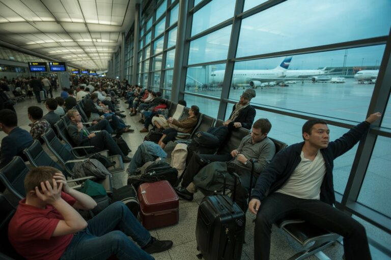 Crowded airport terminal with passengers seated and luggage, large windows showing airplanes on the tarmac outside.