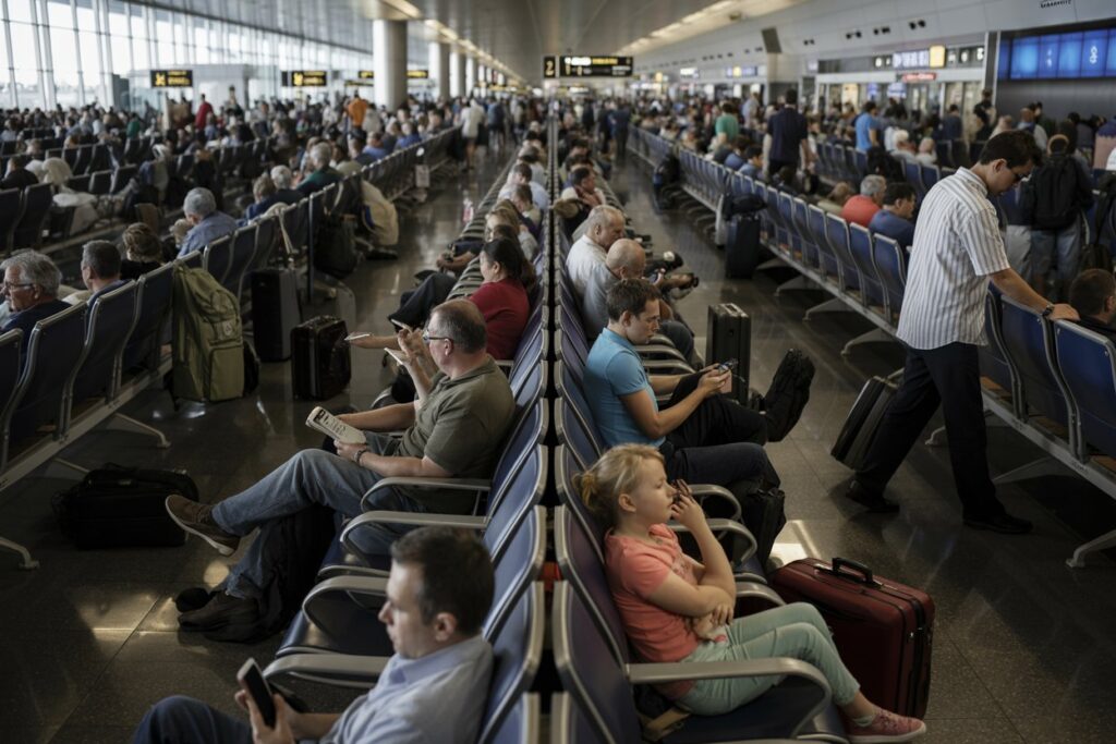 Crowded airport departure hall with rows of seats, travelers waiting near gates and with luggage nearby.