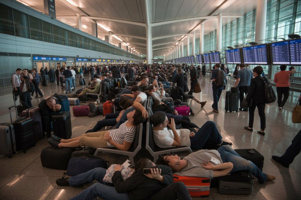 Crowded airport terminal with travelers sitting and lounging on benches, surrounded by suitcases and bright flight boards in the background.