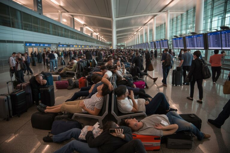 Crowded airport terminal with travelers sitting and lounging on benches, surrounded by suitcases and bright flight boards in the background.