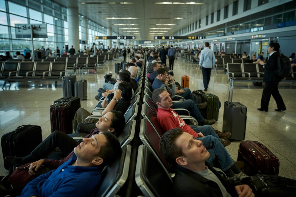 Travelers wait in an airport terminal, seated along a long row of chairs with luggage beside them.