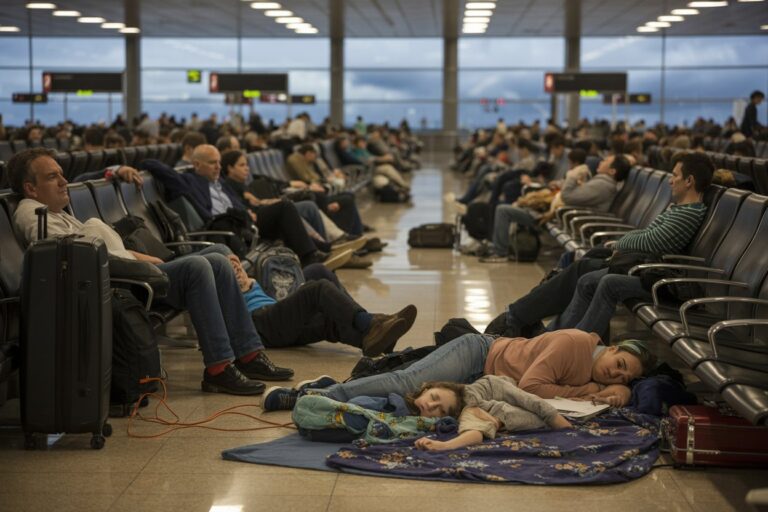 Airport terminal scene with weary travelers resting on blankets on the floor amid rows of chairs and luggage nearby.