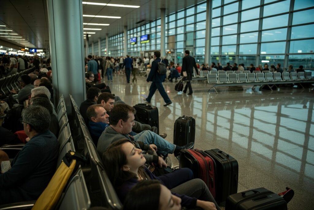Crowded airport concourse with travelers seated and several suitcases nearby, waiting by enormous windows and glossy floor.