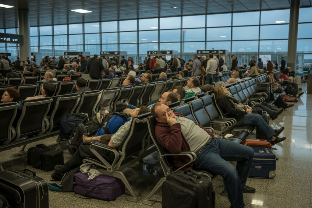 Busy airport lounge with rows of seats, travelers resting or waiting, many suitcases on the floor and under chairs, large windows in the background.