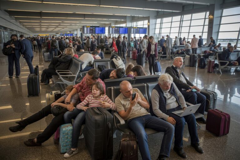 Busy airport terminal with travelers seated and standing; luggage carts and suitcases scattered around as people wait for flights.