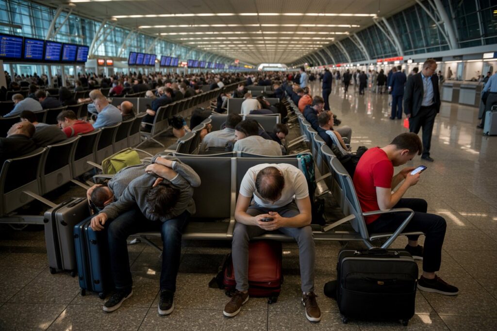 Crowded airport terminal with travelers seated in rows, some looking at phones, luggage beside them.