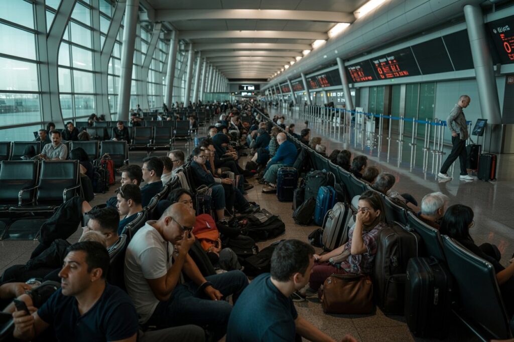 People sit in rows of chairs with rolled luggage and backpacks in a bright airport terminal corridor waiting area.