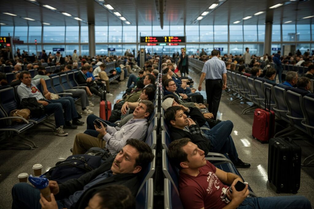 Crowded airport boarding area with rows of blue seats and travelers resting with luggage nearby.