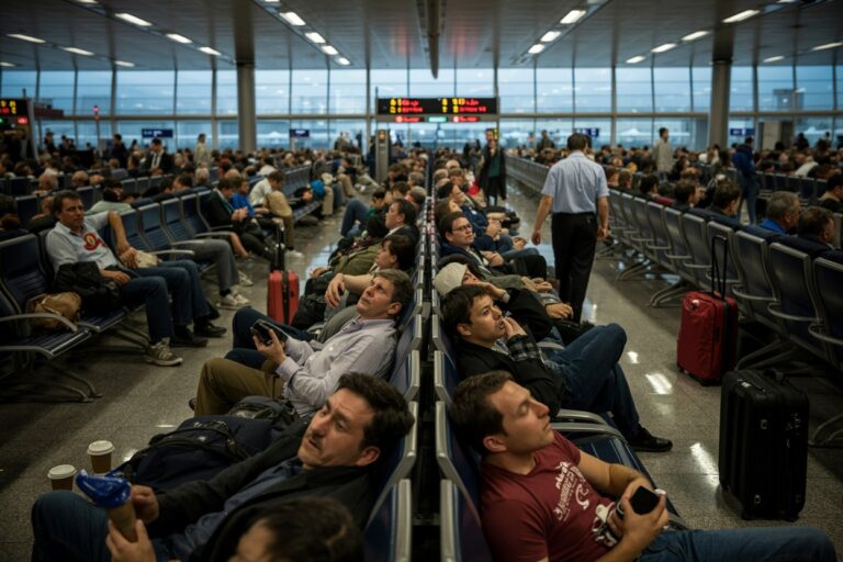Crowded airport boarding area with rows of blue seats and travelers resting with luggage nearby.