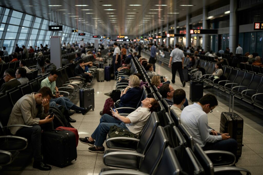 Busy airport departure lounge with rows of seats and travellers waiting with suitcases and phones.