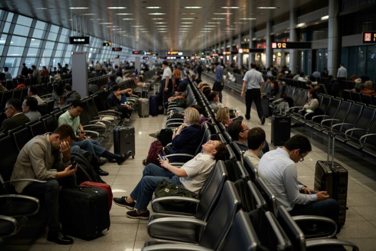 Busy airport departure lounge with rows of seats and travellers waiting with suitcases and phones.