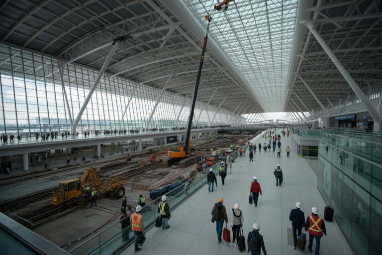 Interior of a modern airport terminal under construction, with workers in hard hats and heavy equipment beside rail tracks and glass walls.