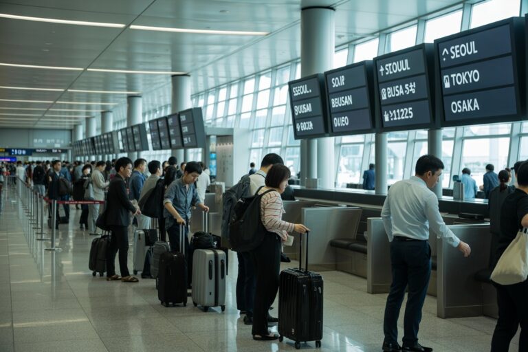 Travelers queue at airline check-in counters in a bright airport terminal with rolling suitcases and backpacks lined up along the railing under overhead flight boards showing destinations such as Seoul and Tokyo; a man in a white shirt reaches toward a counter.