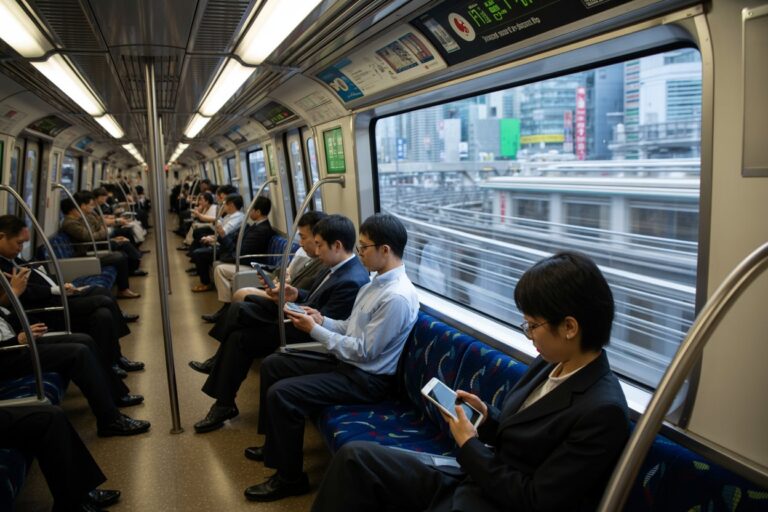 Commuters sit along both sides of a long subway car, many using smartphones or tablets. (Urban train interior)