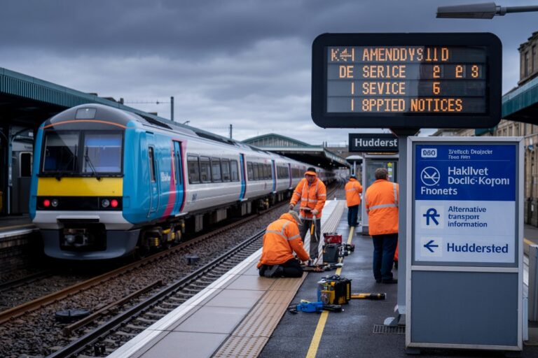 Maintenance workers in orange vests on a platform beside a blue passenger train under a cloudy sky, with an electronic info board overhead and a station sign visible in the background.
