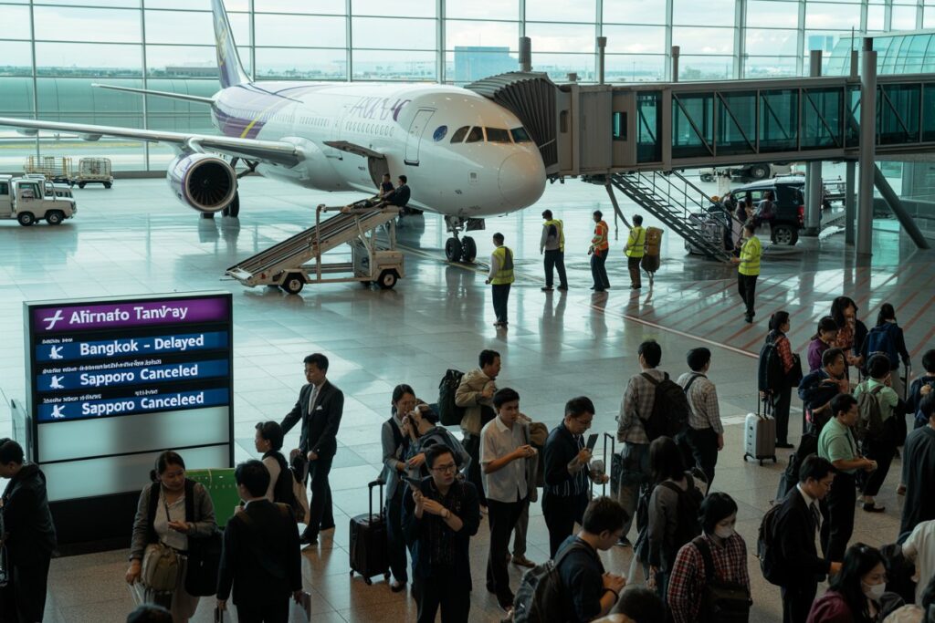 Airplane docked at a gate with a jet bridge while travelers wait with luggage in a busy airport terminal.