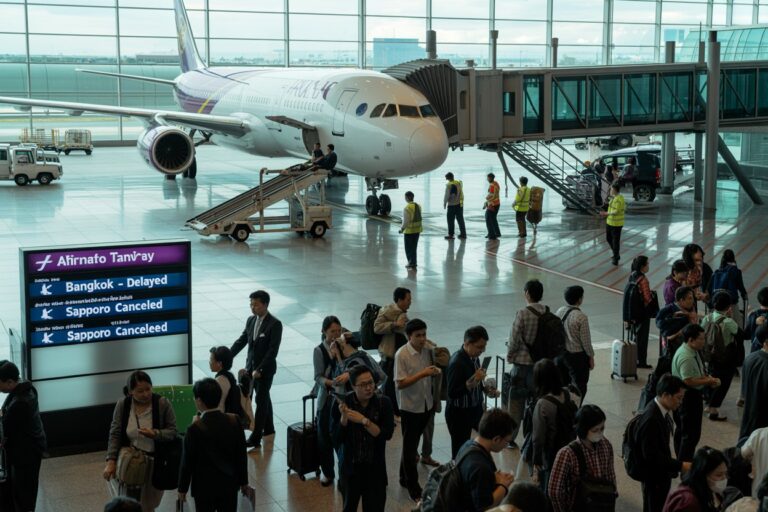 Airplane docked at a gate with a jet bridge while travelers wait with luggage in a busy airport terminal.