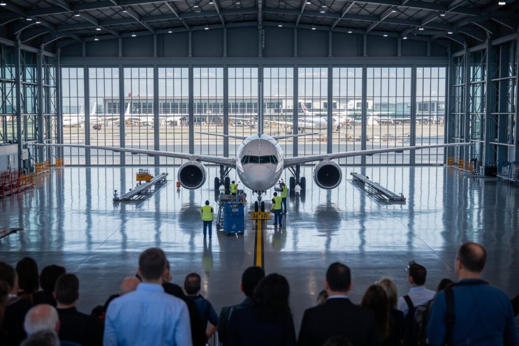 Front view of a large passenger jet in a hangar, ground crew in high-visibility vests performing checks while a crowd watches nearby to the nose area.
