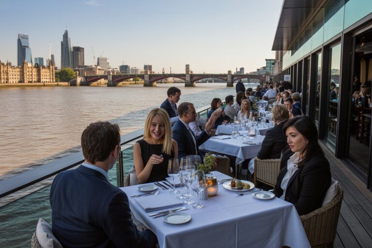 People dining at an outdoor riverside restaurant terrace at sunset, with a city skyline and bridge in the background.