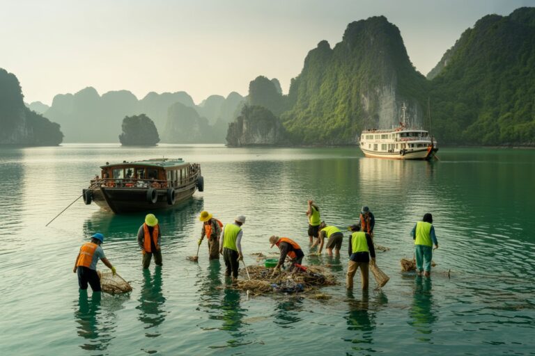 Workers in bright vests wading in shallow water, gathering debris with nets, near boats and limestone cliffs.