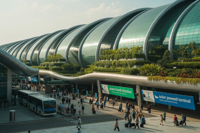 Busy airport terminal exterior with a curved glass roof and passengers walking under banners about green travel and solar-powered terminals.
