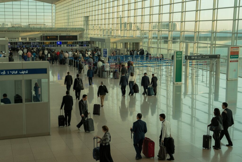 Busy airport terminal with travelers pushing luggage toward check-in and gates in the background.